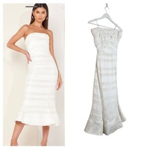 C/MEO Collective Solitude Strapless Mermaid Midi Dress XS White Elegant Cocktail